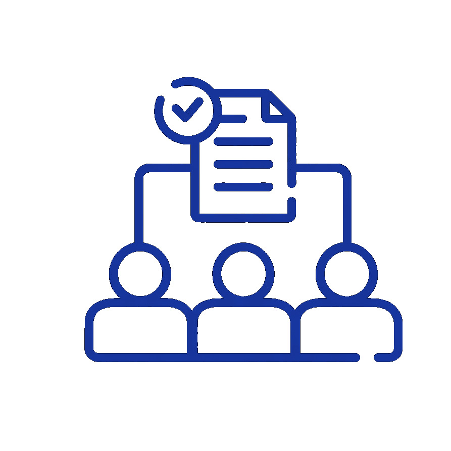 Line icon of a group of people beneath a checked clipboard