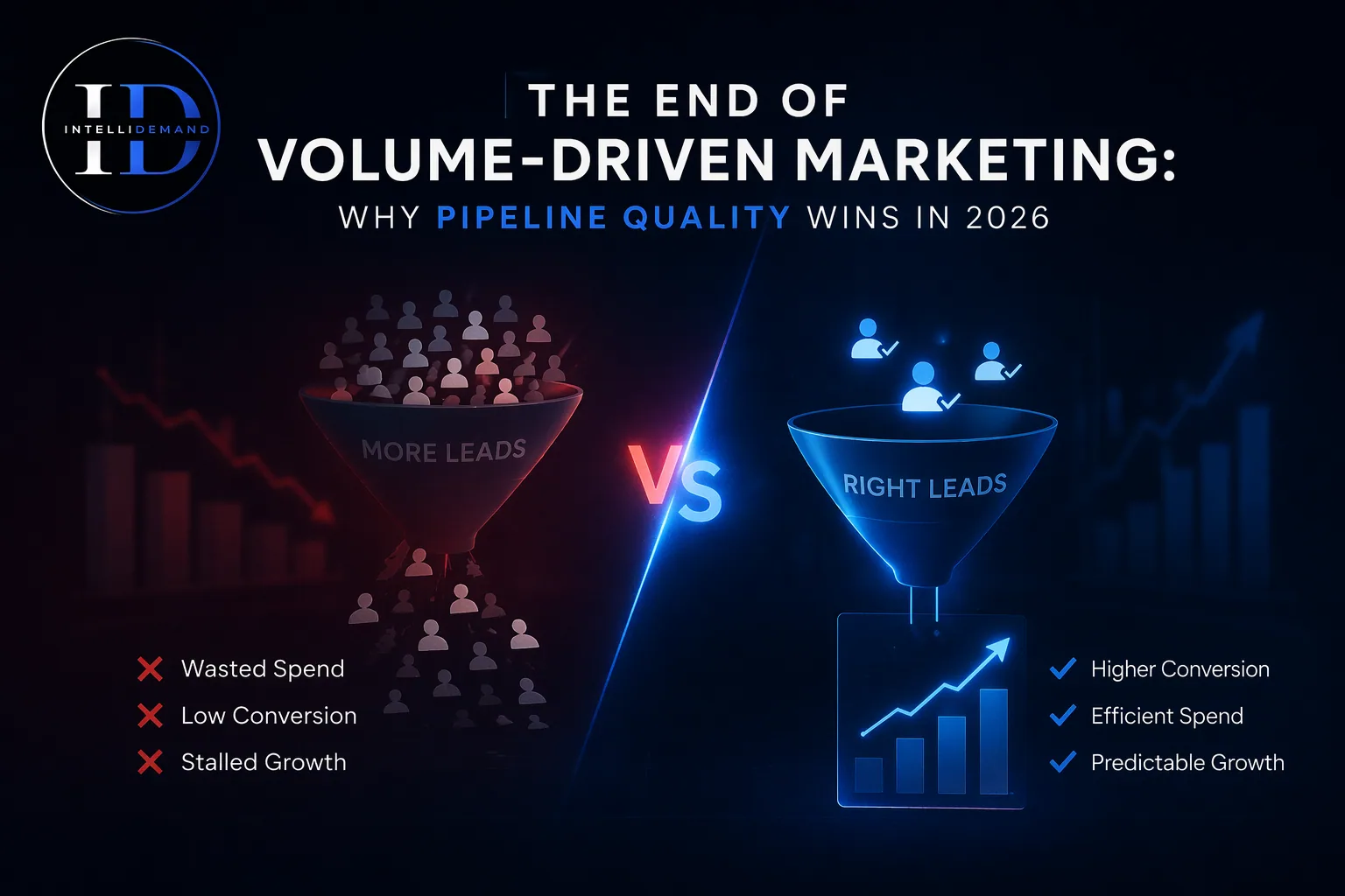 Infographic "The End of Volume-Driven Marketing: Why Pipeline Quality Wins in 2026" contrasting a red "More Leads" funnel (wasted spend, low conversion, stalled growth) with a blue "Right Leads" funnel (higher conversion, efficient spend, predictable growth)