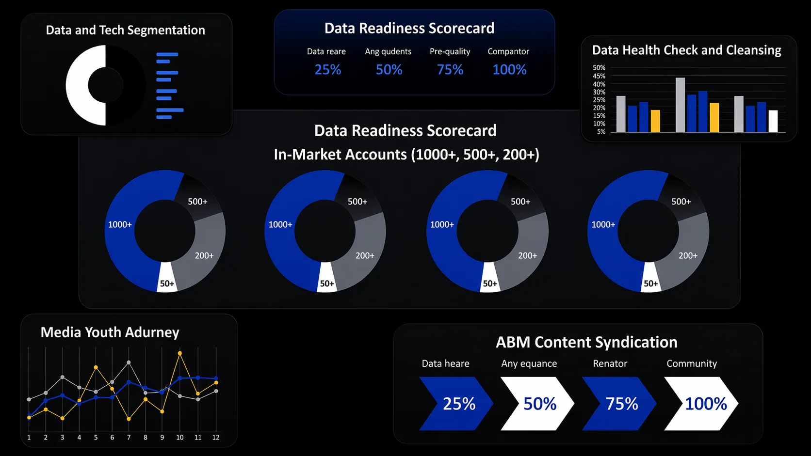 Data intelligence dashboard infographic with panels for data and tech segmentation, data readiness scorecards for in-market accounts (1000+, 500+, 200+), data health check and cleansing, an engagement trend line chart and ABM content syndication progress from 25% to 100%