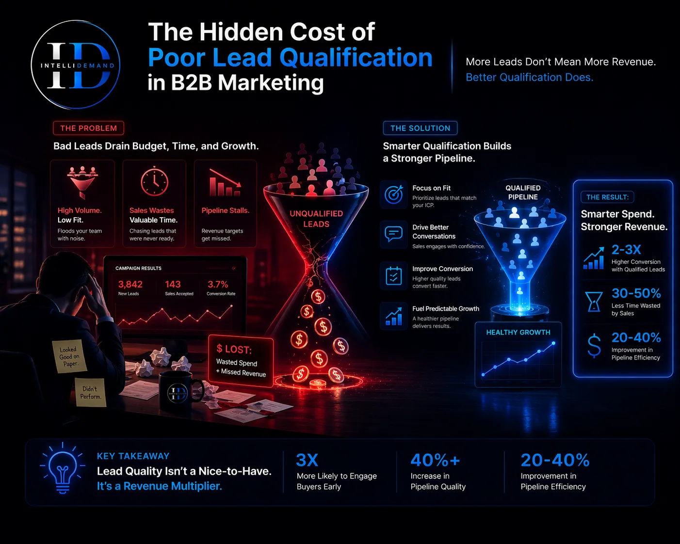 Infographic "The Hidden Cost of Poor Lead Qualification in B2B Marketing" contrasting a red hourglass of unqualified leads draining budget, time and growth with a blue funnel of qualified pipeline driving higher conversion and pipeline efficiency
