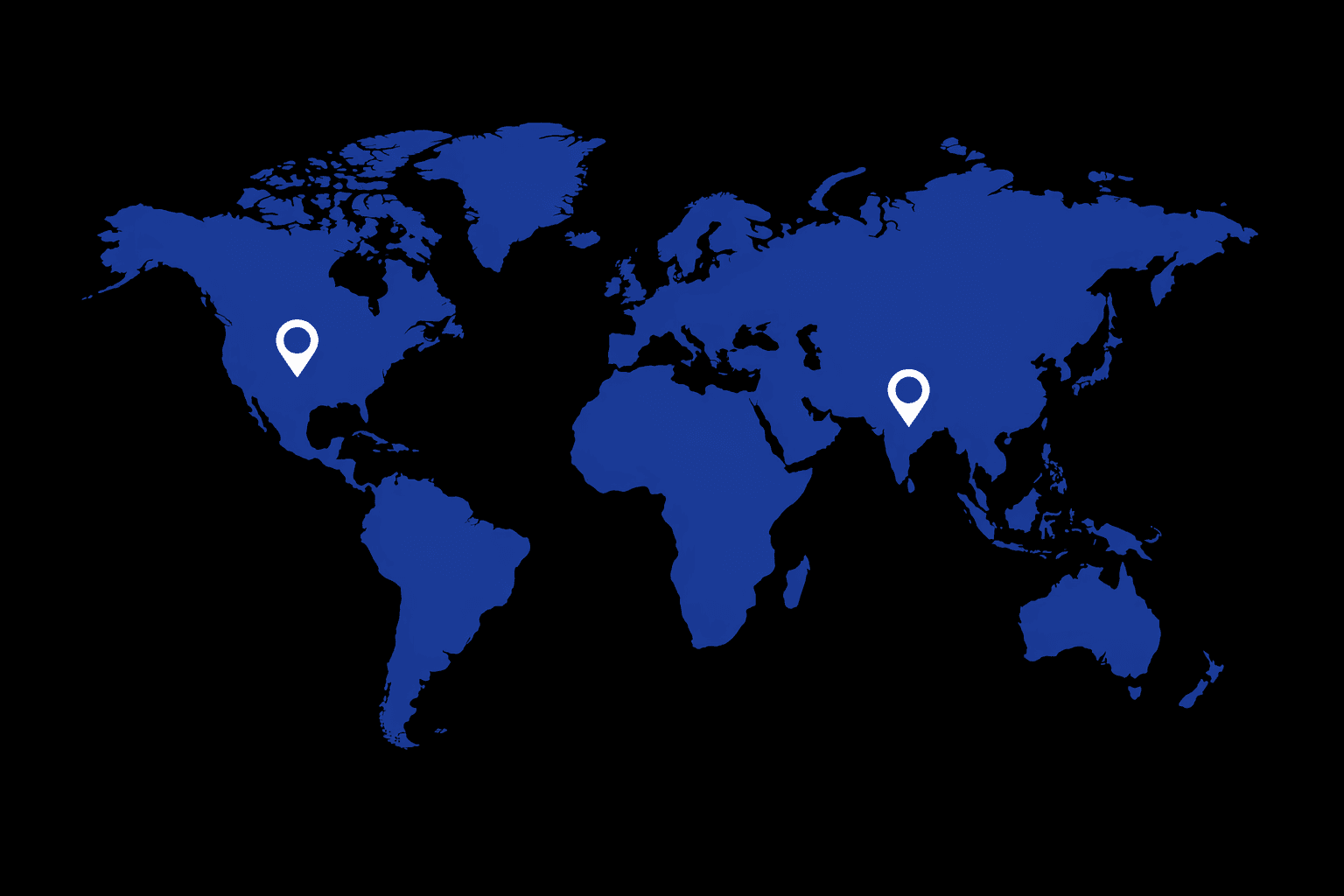 World map in brand blue with location pins marking Los Angeles, United States and Pune, India