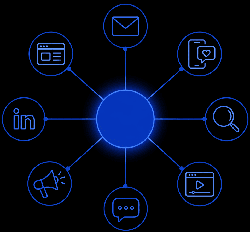 Central hub connected to email, social and web channel icons