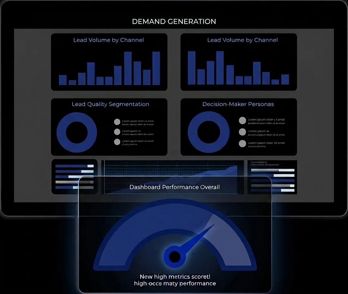 Demand generation dashboard on a monitor showing lead volume by channel, lead quality segmentation, decision-maker personas and an overall performance gauge