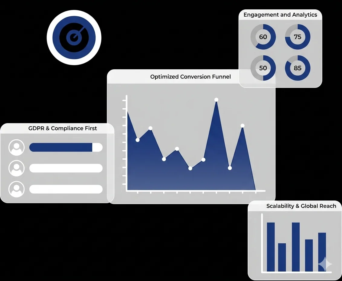 Floating dashboard cards: Engagement and Analytics score gauges, Optimized Conversion Funnel chart, GDPR & Compliance First checklist and Scalability & Global Reach bar chart