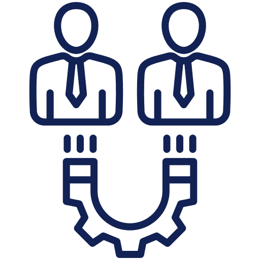 Two business people above a gear-shaped magnet icon