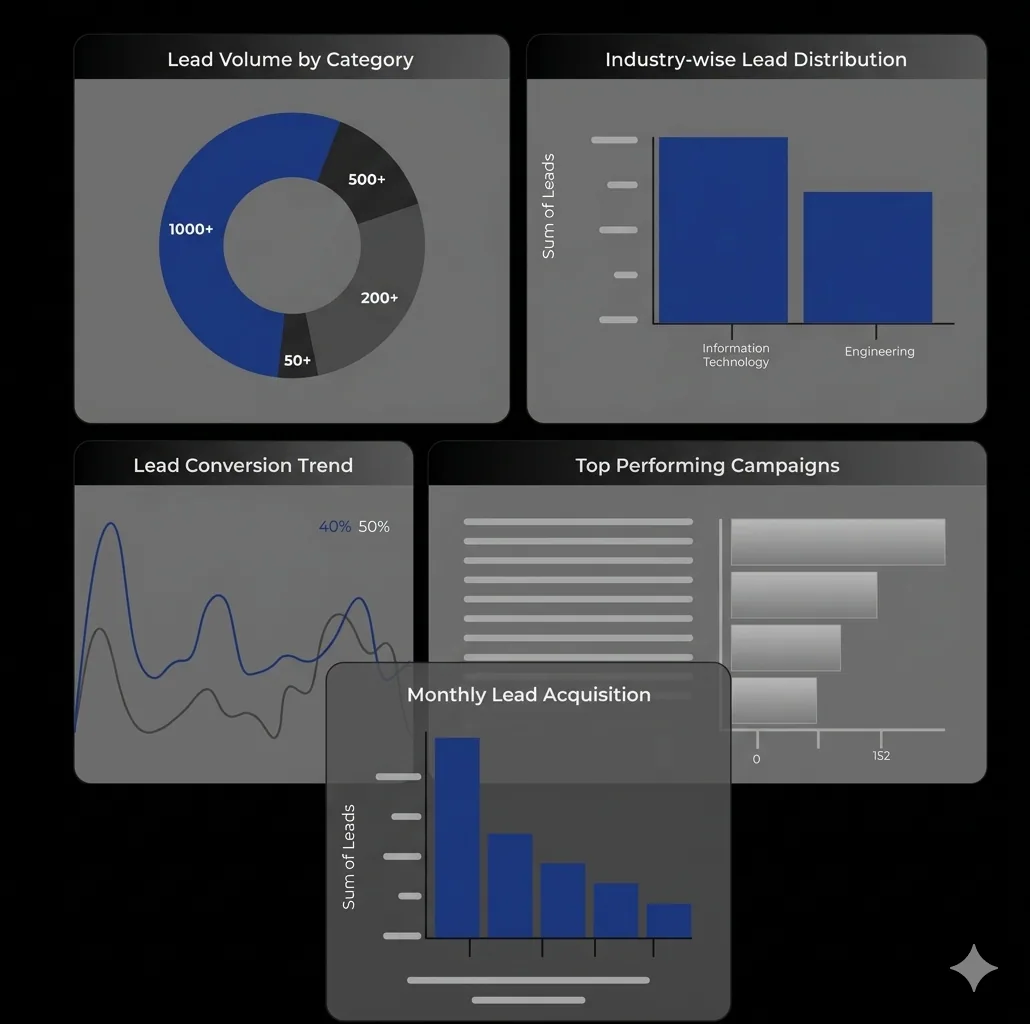 Demand generation analytics dashboard: lead volume by category donut chart, industry-wise lead distribution bars, lead conversion trend line, top performing campaigns and monthly lead acquisition charts