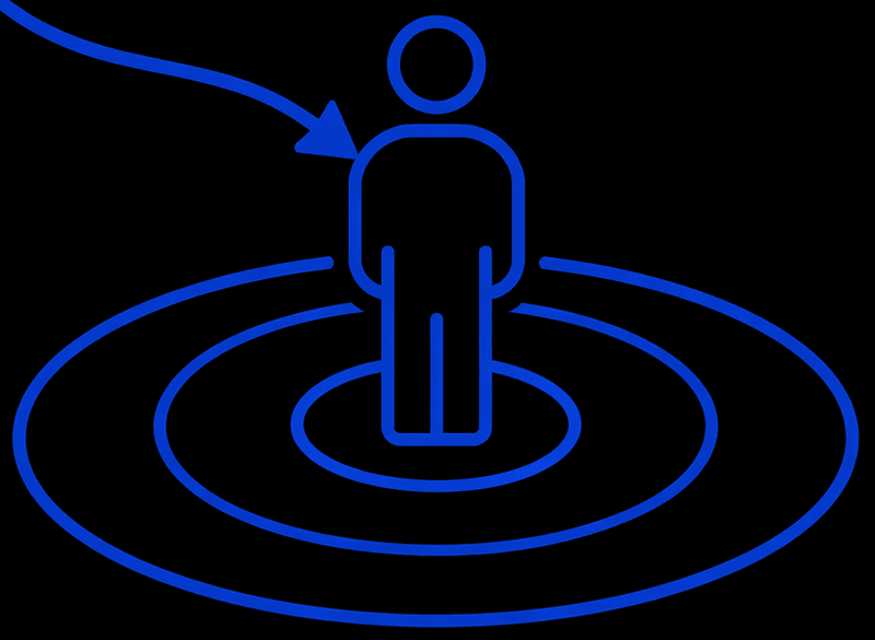 Person standing at the center of a target with an incoming arrow icon