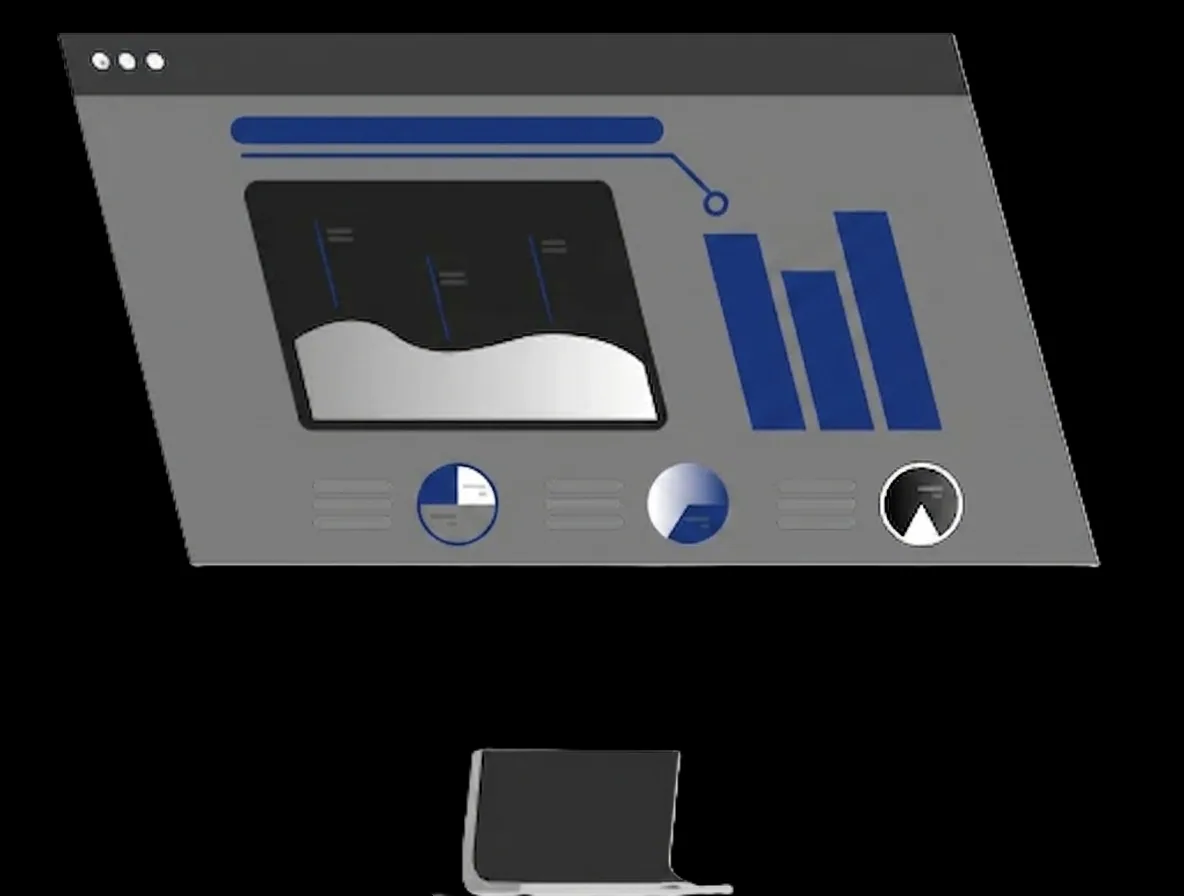 Illustration of a floating analytics dashboard with blue bar charts, an area chart and pie-chart dials above a small laptop