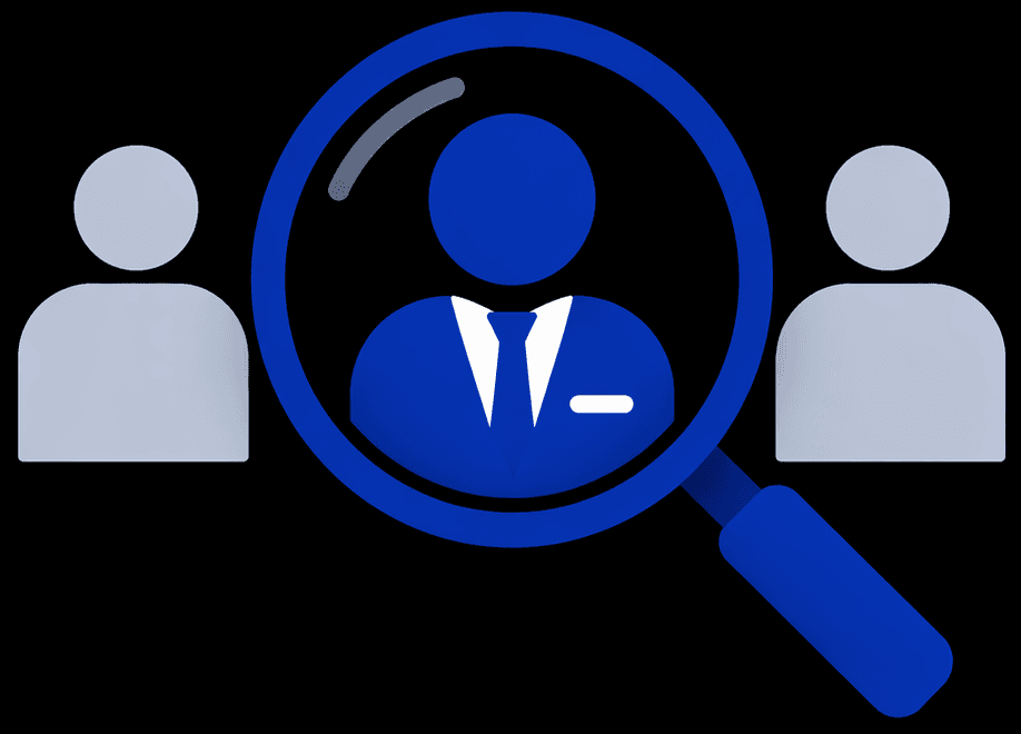 Magnifying glass highlighting a business person between two people icon