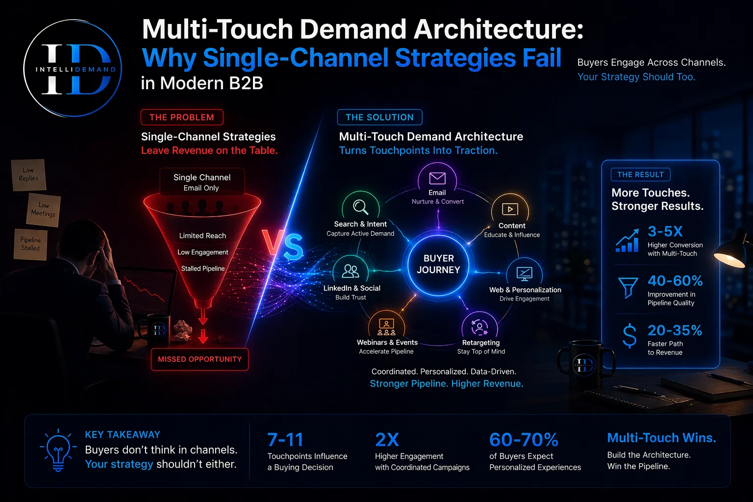 IntelliDemand infographic comparing a single-channel email-only funnel that leads to missed opportunity with a multi-touch buyer journey spanning email, content, search and intent, LinkedIn and social, webinars, web personalization and retargeting