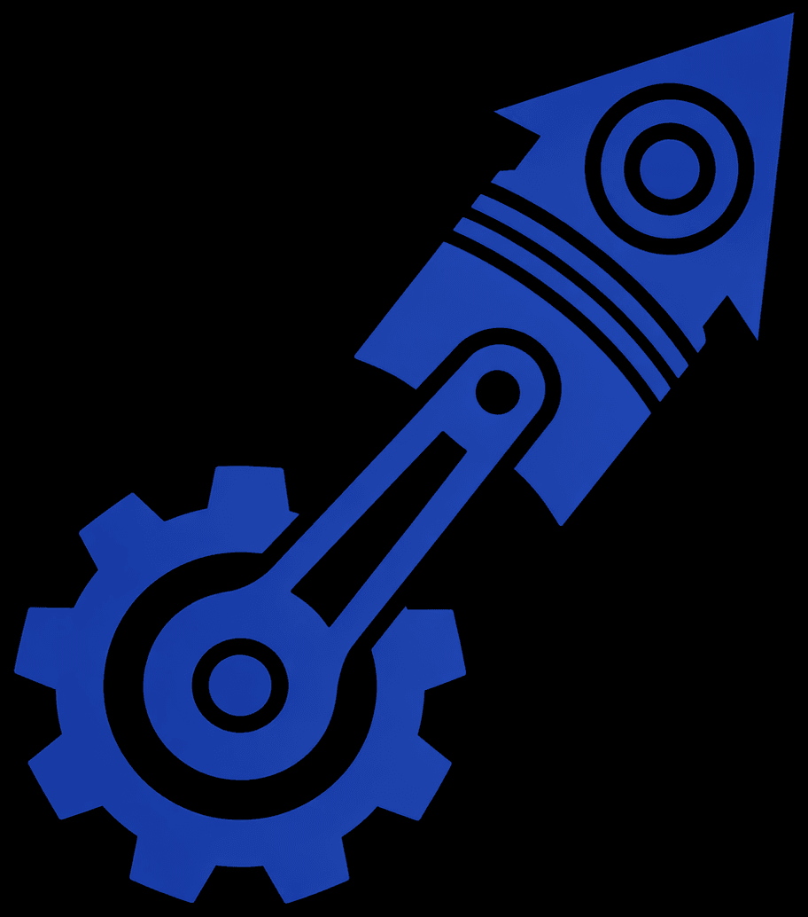 Blue gear driving a piston shaped like a rising arrow