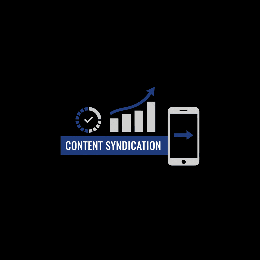 Content Syndication illustration: growth bar chart with upward arrow, progress check dial and smartphone with forward arrow
