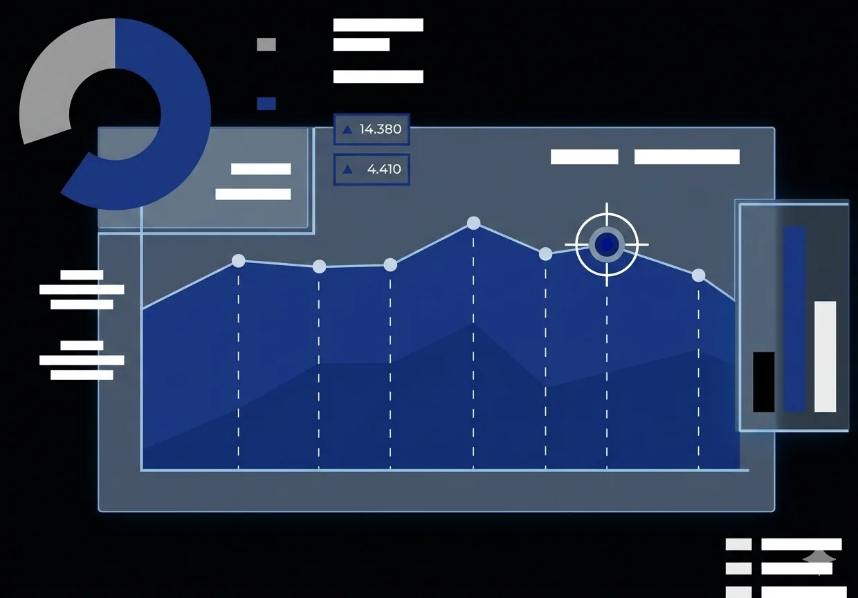 Growth analytics illustration: blue area chart with a target crosshair on the peak, donut chart and KPI counters on a dark dashboard